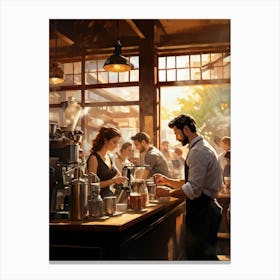 A Busy Cafe Scene Captured In Impressionist Style Barista Bustling Amidst The Morning Rush Meticul (6) Canvas Print