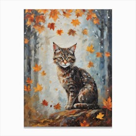 Cottagecore Wild Cat in Autumn Forest - Acrylic Paint Little Fall Wild Kitten Tabby Looking Art with Falling Leaves at Night on a Sunlight Day, Perfect for Witchcore Cottage Core Pagan Tarot Celestial Zodiac Gallery Feature Wall Beautiful Woodland Creatures Series HD Canvas Print