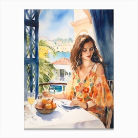 At A Cafe In Marbella Spain 2 Watercolour Canvas Print