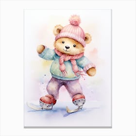 Ice Skating Teddy Bear Painting Watercolour 3 Canvas Print