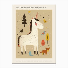 Unicorn In The Meadow With Abstract Woodland Animal Friends Muted Pastel 2 Poster Canvas Print