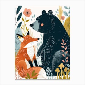 American Black Bear And A Fox Storybook Illustration 3 Canvas Print