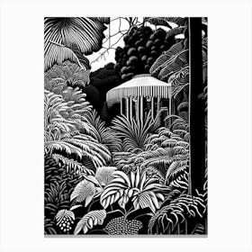 Auckland Domain Wintergardens, New Zealand Linocut Black And White Vintage Canvas Print