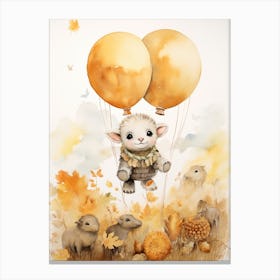 Sheep Flying With Autumn Fall Pumpkins And Balloons Watercolour Nursery 1 Canvas Print