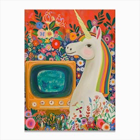 Unicorn Watching Tv Floral Fauvism Painting 4 Canvas Print