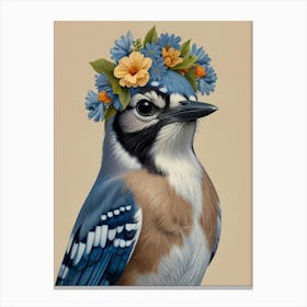 Blue Jay With A Flower Crown European Robin 3 Canvas Print