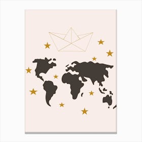 Paper Boat And World Map Canvas Print