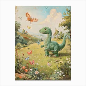 Dinosaur Catching Butterflies Storybook Painting 1 Canvas Print