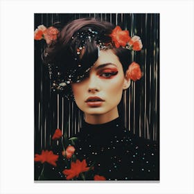 cosmic portrait of a woman with flowers stars on black background Canvas Print