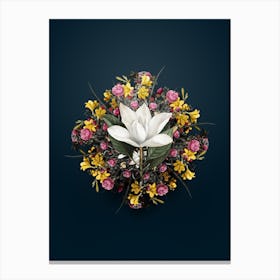 Vintage White Southern Magnolia Flower Wreath on Teal Blue Canvas Print