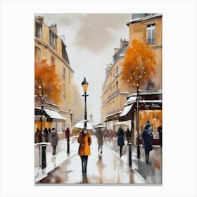 Paris cafes, winter season, Christmas, autumn oil colors, pale colors, pedestrians in the street, winter clothes, falling snow.Christmas decorations.16 1 Canvas Print