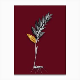 Vintage Angular Solomons Seal Black and White Gold Leaf Floral Art on Burgundy Red n.0265 Canvas Print