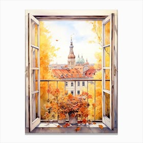 Window View Of Zagreb Croatia In Autumn Fall, Watercolour 4 Canvas Print