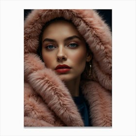 Beautiful Woman In Pink Fur Coat Canvas Print