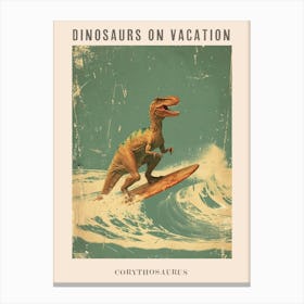 Vintage Corythosaurus Dinosaur On A Surf Board 2 Poster Canvas Print