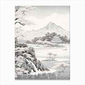 The Ogasawara Islands In Tokyo, Ukiyo E Black And White Line Art Drawing 2 Canvas Print