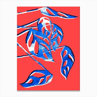 Monstera Obliqua In Red And Blue Canvas Print
