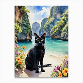 Black Cat in Maya Bay - Watercolour Black Cat Travels Art Print of Maya Bay Phi Phi Islands The Beach Thailand - Exotic Tropical Paradise Backpacker Landscape Scenery Pagan Witch Wicca Gallery Feature Wall Travelscape HD Canvas Print