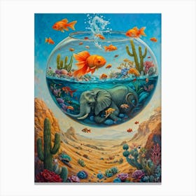 Hyper Realistic Painting Of A Colossal Fishbowl Containing An Elephant Sized Goldfish Swimming Amids Canvas Print