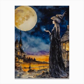 Witch Wishing Spell at Full Moon ~ Magical Fairytale Watercolour Canvas Print