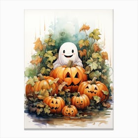 Cute Bedsheet Ghost, Botanical Halloween Watercolour 47 Canvas Print