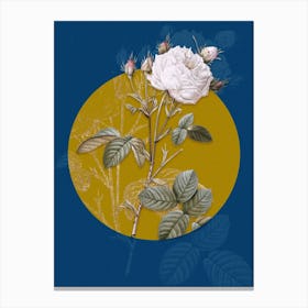 Vintage Botanical White Provence Rose on Circle Yellow on Blue Canvas Print
