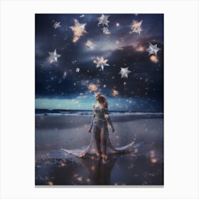 Woman on the beach surrounded by cosmic stardust Canvas Print