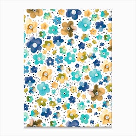 Dots Naive Flowers Blue Multi Ocre Canvas Print