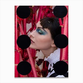 Side Profile Of A Woman Framed By Rhubarb Stalks Eyes Replaced By Black Circles Embodying A Surreal Canvas Print