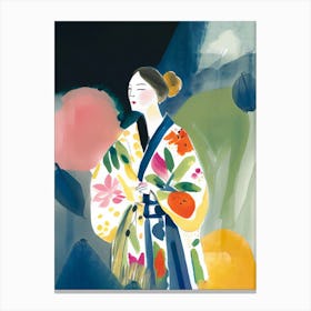 Girl With A Big Kimono And Flowers Watercolour Canvas Print
