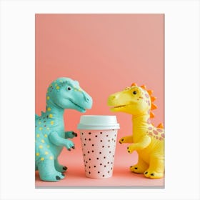 Toy Dinosaurs Share A Coffee Canvas Print