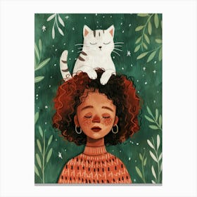 Girl With Cat On Her Head Canvas Print