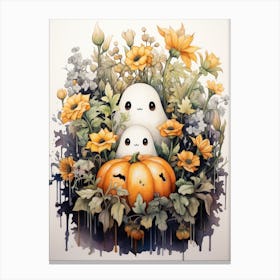 Cute Bedsheet Ghost, Botanical Halloween Watercolour 111 Canvas Print