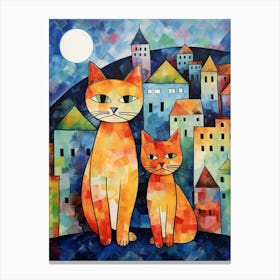 Cats With A Medieval Village Behind In The Moonlight 1 Canvas Print
