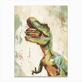 T Rex Eating A Hamburger Teal & Beige Canvas Print