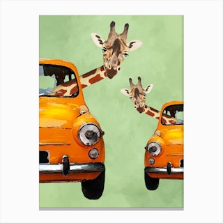 Giraffes In Yellow Cars Canvas Print