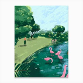 Flamingos In The Pond Garden Illustration Canvas Print