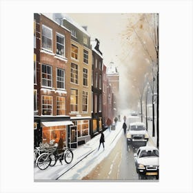 Amsterdam cafes, winter season, Christmas, autumn oil colors, pale colors, pedestrians in the street, winter clothes, falling snow.11 Canvas Print