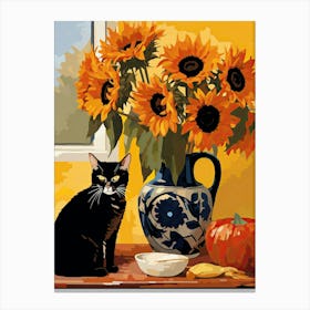Sunflower Flower Vase And A Cat, A Painting In The Style Of Matisse 2 Canvas Print