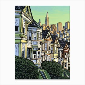 Painted Ladies San Francisco Linocut Illustration Style 2 Canvas Print