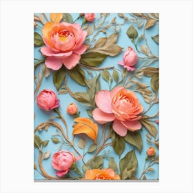 Peony Flowers On Blue Background Canvas Print
