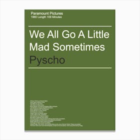 Psycho, 1960, Minimal, Movie, Film, Art, Wall Print Canvas Print
