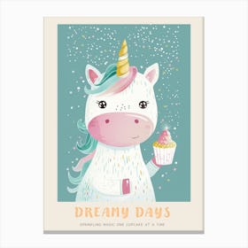 Cute Storybook Style Unicorn With A Cupcake Poster Stampe su tela