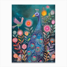 Peacock In The Flowers With A Bird Flying Canvas Print