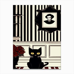 Black Cat, Roses, Stripes Canvas Print