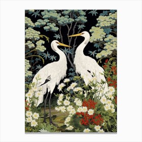 Green And White Cranes 2 Vintage Japanese Botanical Canvas Print