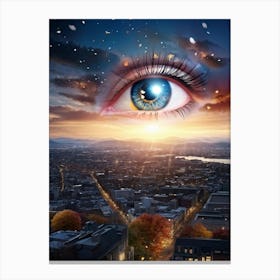 Surreal Building Sized Eye With Layers Representing Different Seasons Spring Blossoms Peering From Canvas Print