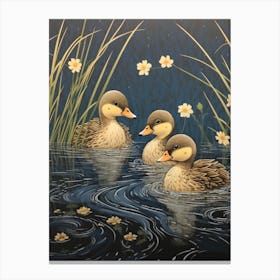 Ducklings With Pond Grass Japanese Woodblock Style 3 Canvas Print