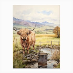 Highland Cow Drinking Water From Trough 1 Canvas Print