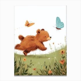 Brown Bear Cub Chasing After A Butterfly Storybook Illustration 4 Canvas Print